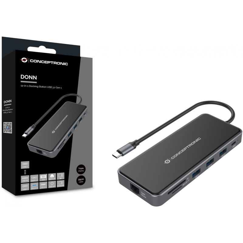 Docking Station CONCEPTRONIC 12-në-1 USB-C në 2xHDMI/3xUSB-A/AUX - Hiri - Figura 2