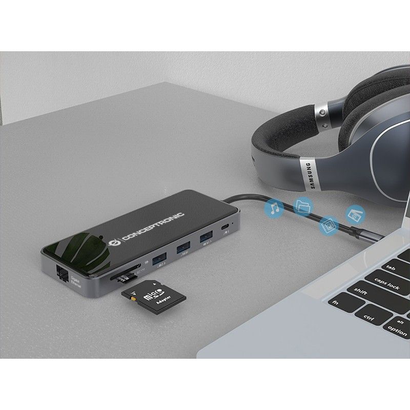 Docking Station CONCEPTRONIC 12-në-1 USB-C në 2xHDMI/3xUSB-A/AUX - Hiri - Figura 4