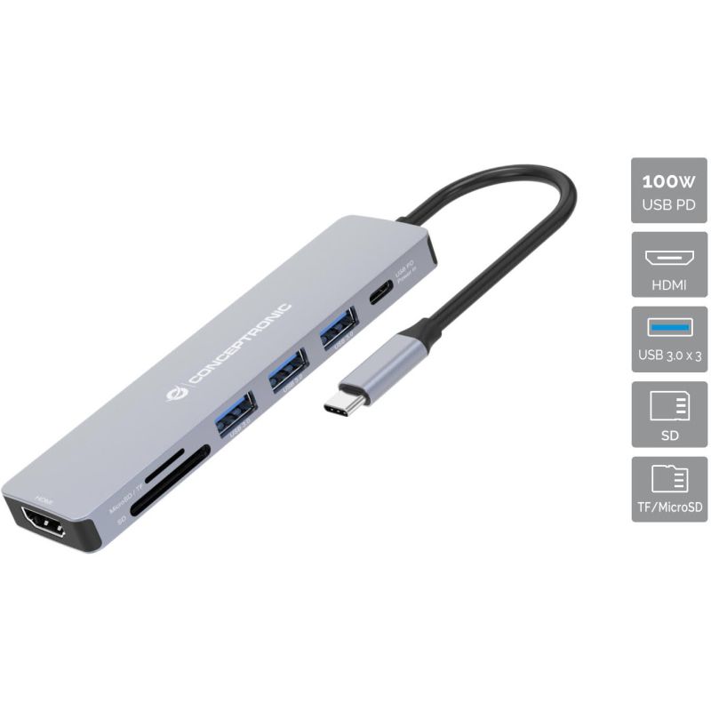 Hub Udhëtimi CONCEPTRONIC 7-në-1 USB-C në HDMI/3xUSB-A/SD/TF - Hiri - Figura 5