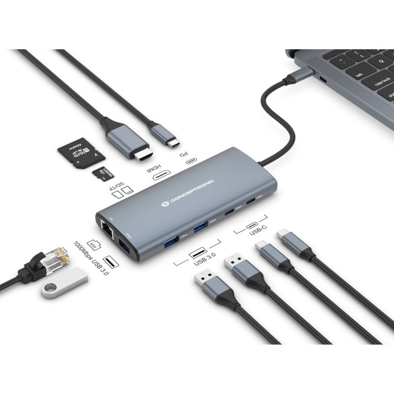 Hub Udhëtimi CONCEPTRONIC 10-në-1 USB-C në HDMI/2xUSB-C/3xUSB-A - Hiri - Figura 4