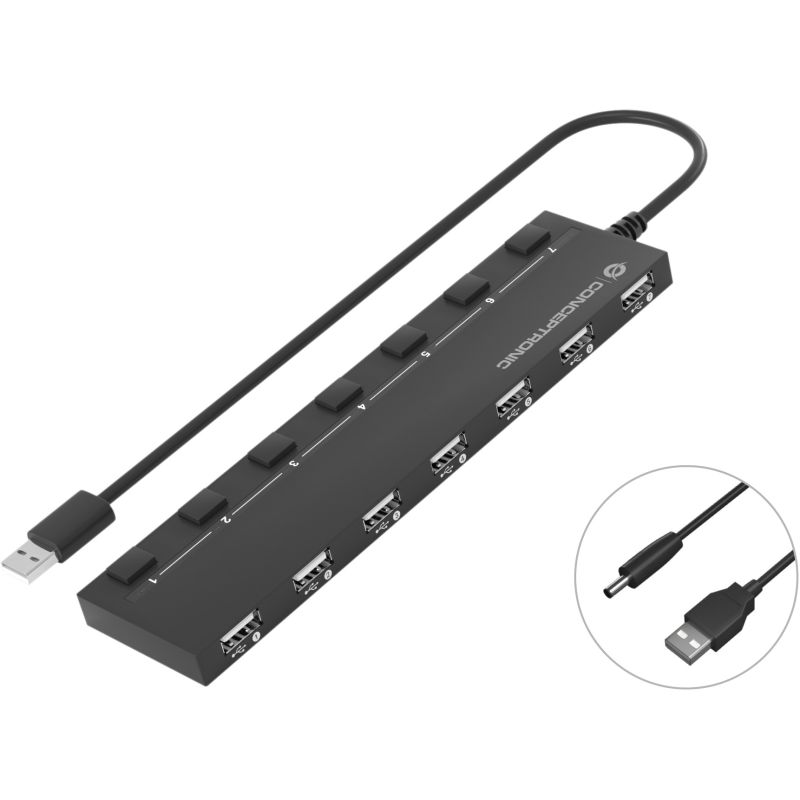 HUB Conceptronic / 7‑Port / USB‑A 2.0 → 7x USB‑A 2.0 / DC Bus‑Powered – Zezë