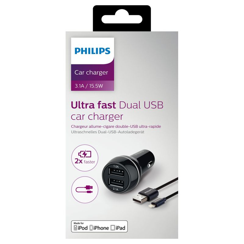 Adapter telefoni për vetura Philips Dual / 15W – with Apple Lightning Cable - Zezë - Figura 2