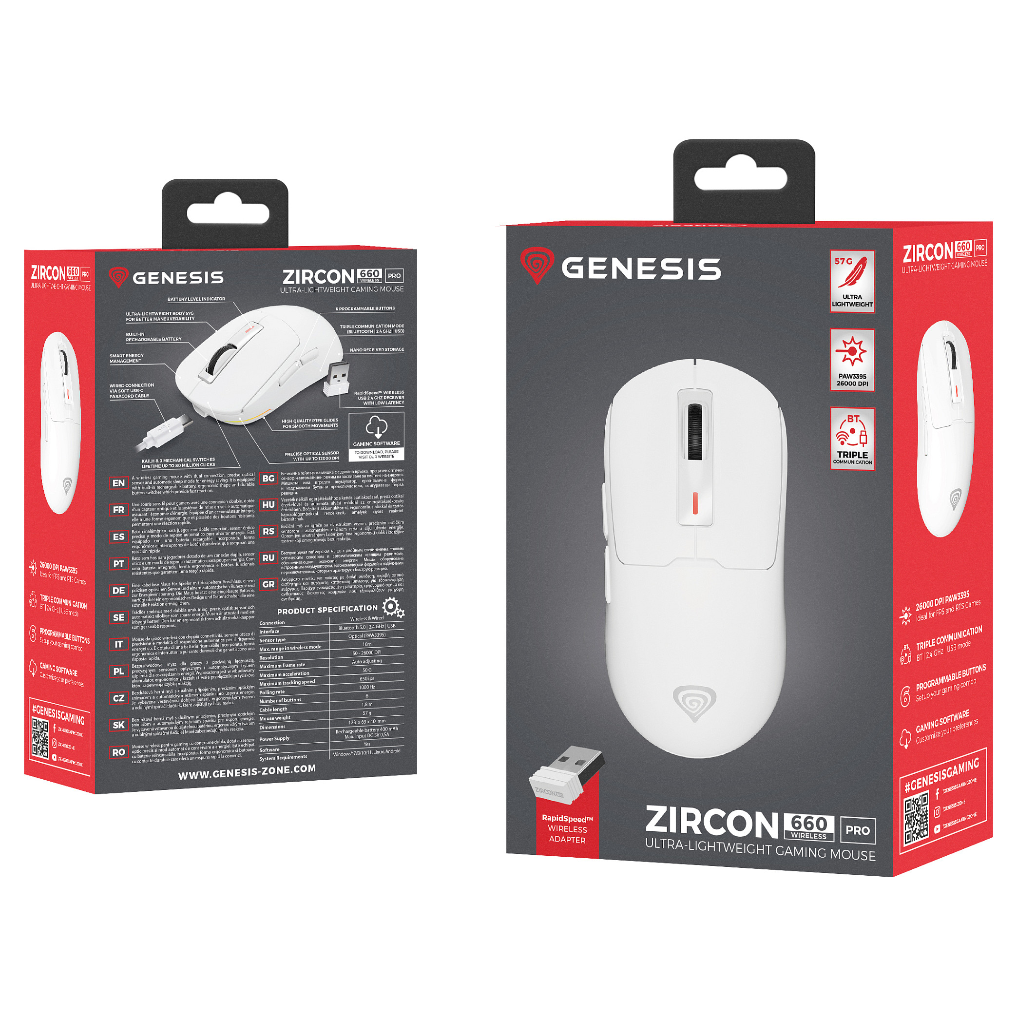 Maus Gaming Genesis ZIRCON 660 PRO Wireless / 26000 DPI -Bardhë - Figura 4
