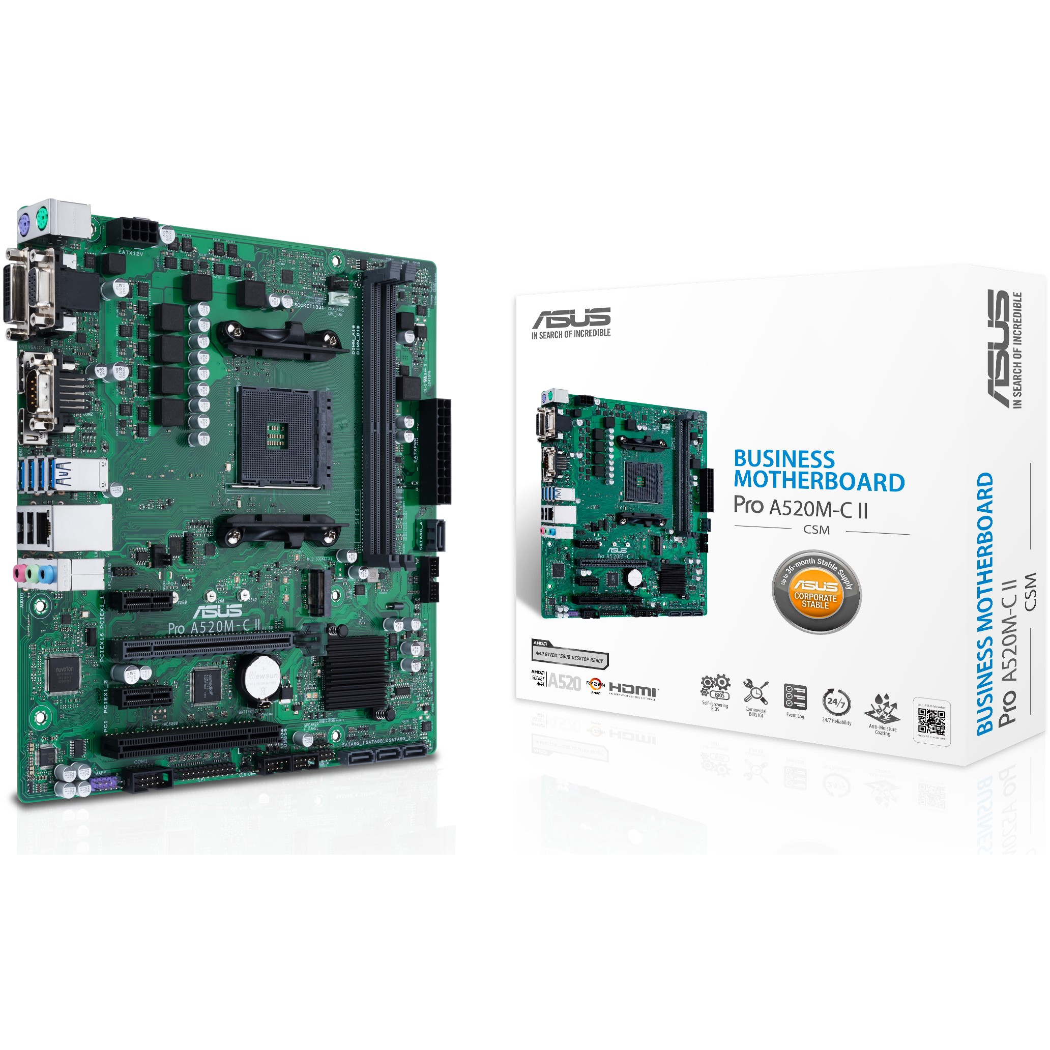 Pllakë Amë AMD AM4 ASUS PRO A520M-C II/CSM D4 / mATX / DDR4 / HDMI+DP+VGA+DVI