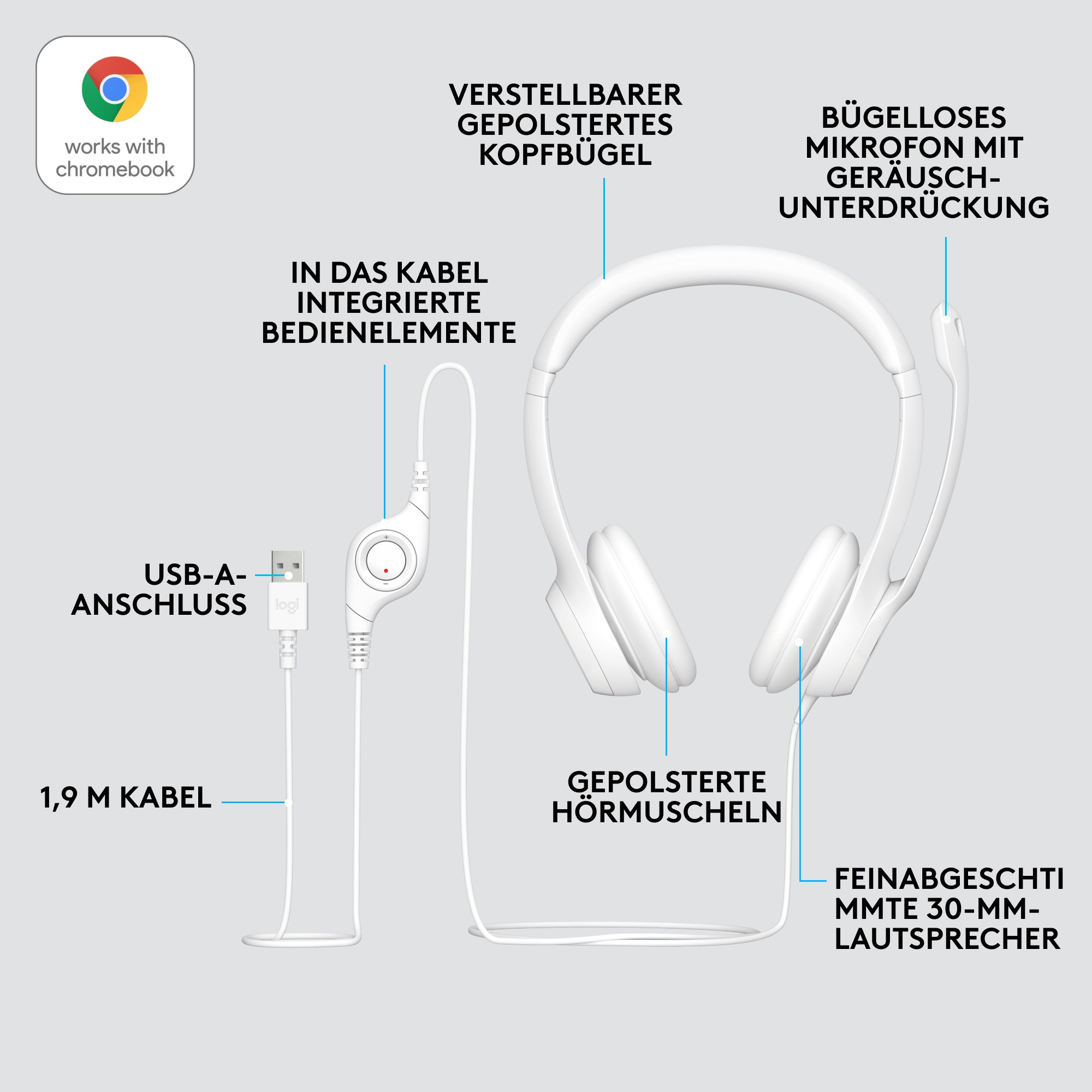 Kufje Logitech H390, USB-A, të bardha - Figura 4