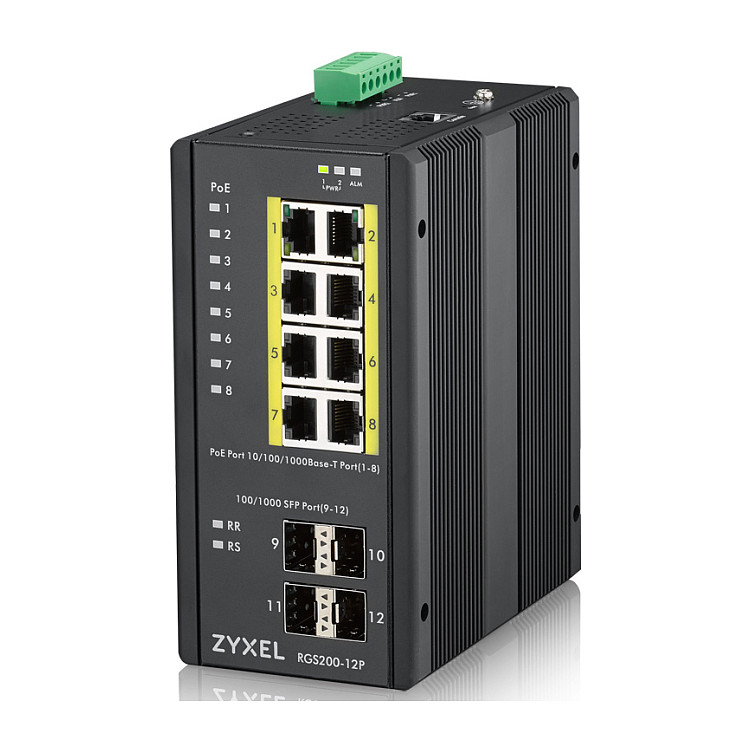 Zyxel RGS200-12P Industrial Managed PoE+ Switch | 8x Gigabit PoE+ | 4x SFP | 240W PoE Budget