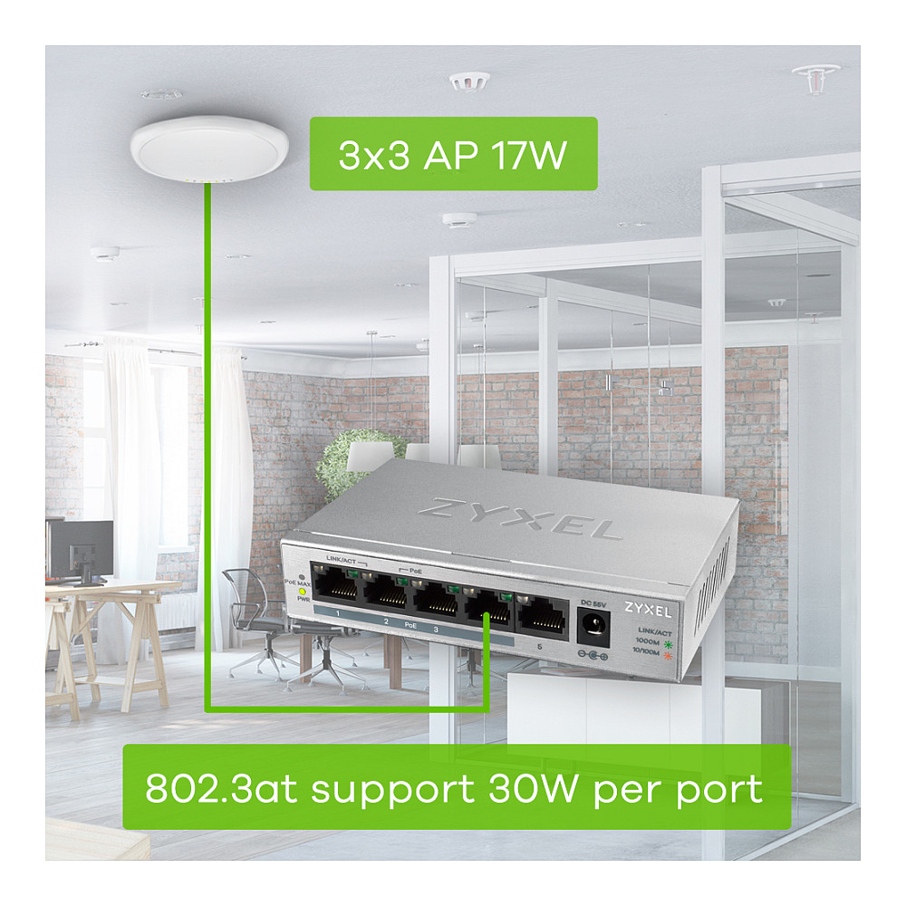 Zyxel GS1005HP 5-Port Gigabit PoE+ Switch | 4x PoE+ | 60W PoE Budget | Unmanaged - Figura 5