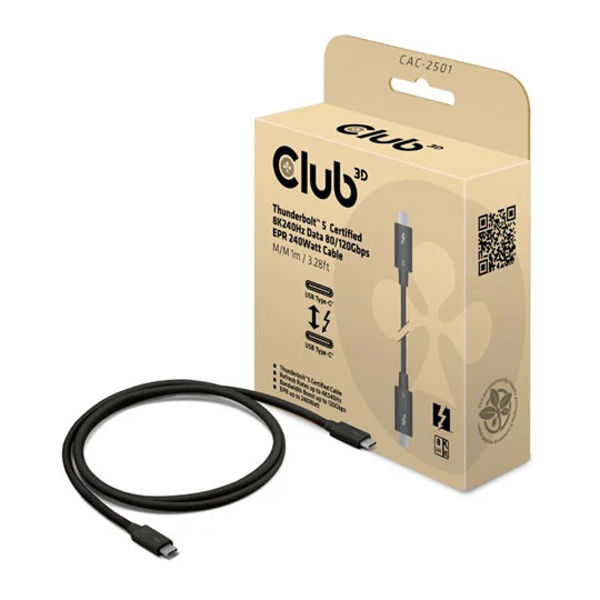 Kabllo USB Club3D Thunderbolt 5 e certifikuar / 8K@240Hz / 80/120 Gbps / 1m