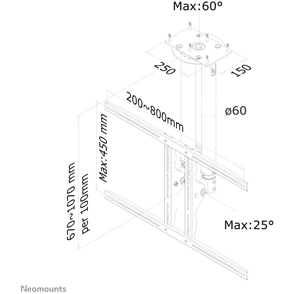 Mbajtëse për TV Ceiling mount for flat screen TVs up to 75" (191 cm) 50 KG PLASMA-C100 BLACK Neomounts - Figura 3