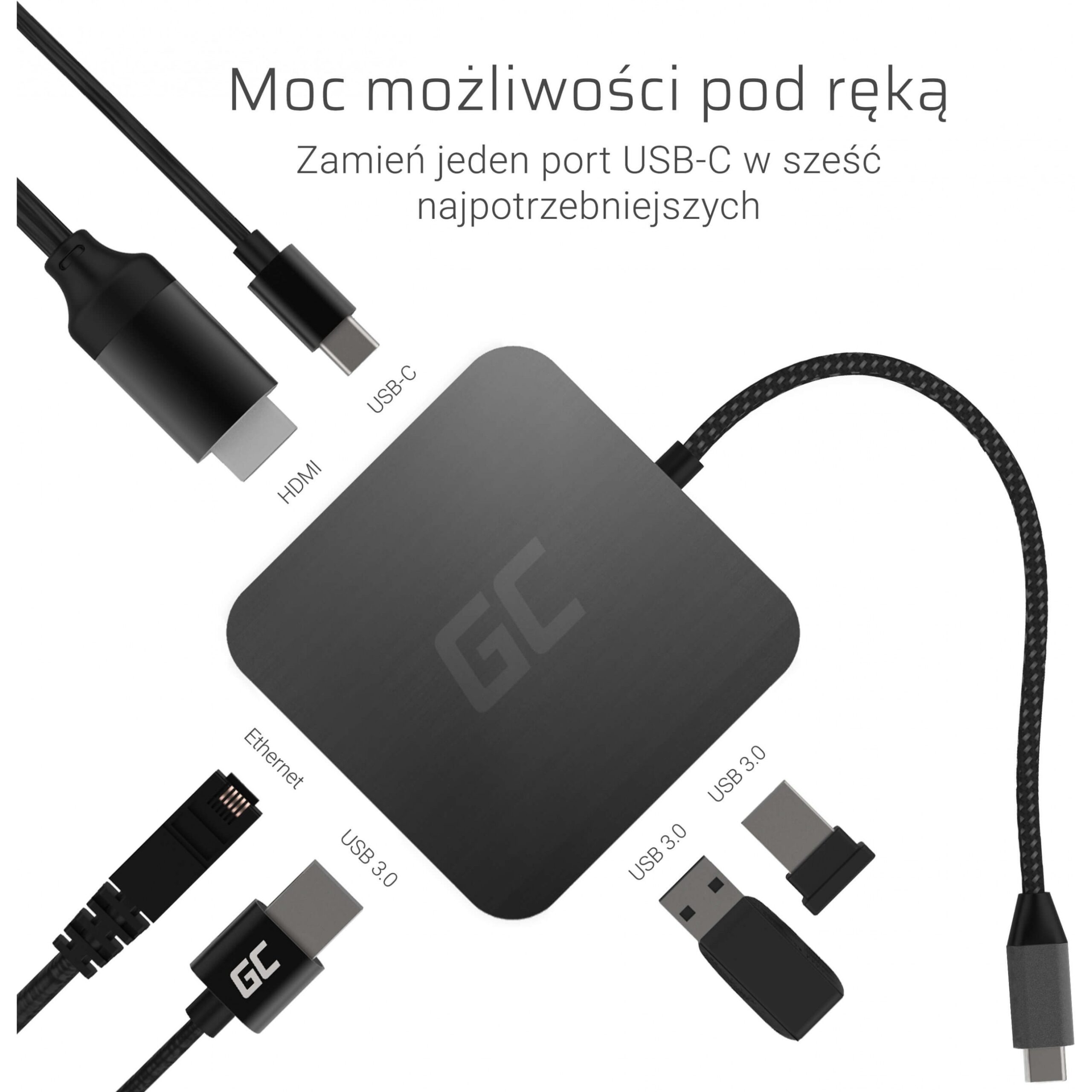 HUB Green Cell AK61 USB‑C / 6 Porta (3x USB 3.0, USB‑C, HDMI, Gigabit LAN) - Argjend - Figura 2