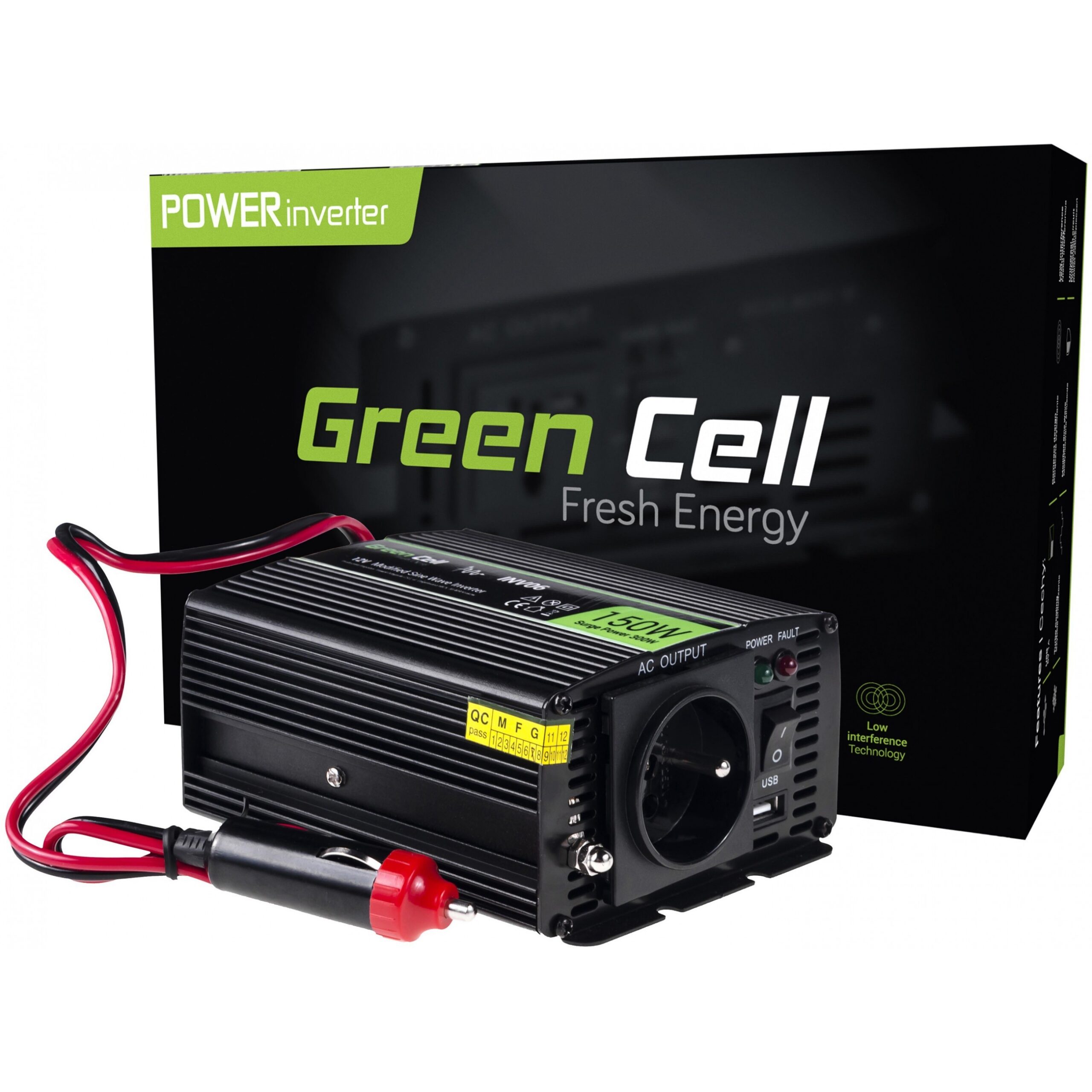 Green Cell Power Inverter KFZ – 12 V DC në 230 V AC, 150/300 W