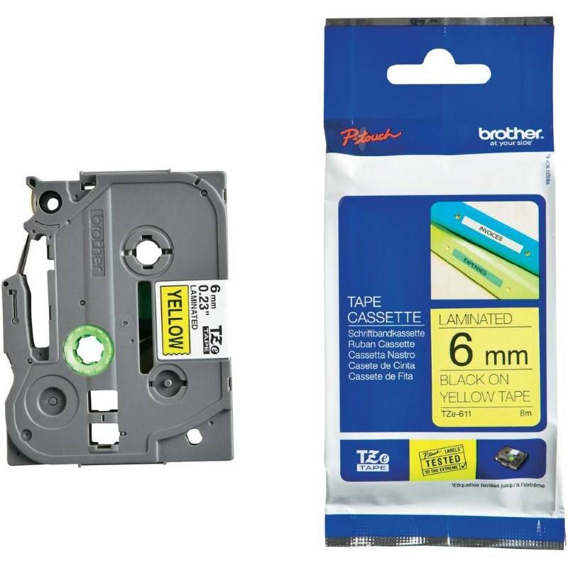 Label Brother TZ-S611 Laminated Label Tape Original / 6mm x 8m Extra Strength Adhesive - Zezë / Verdhë