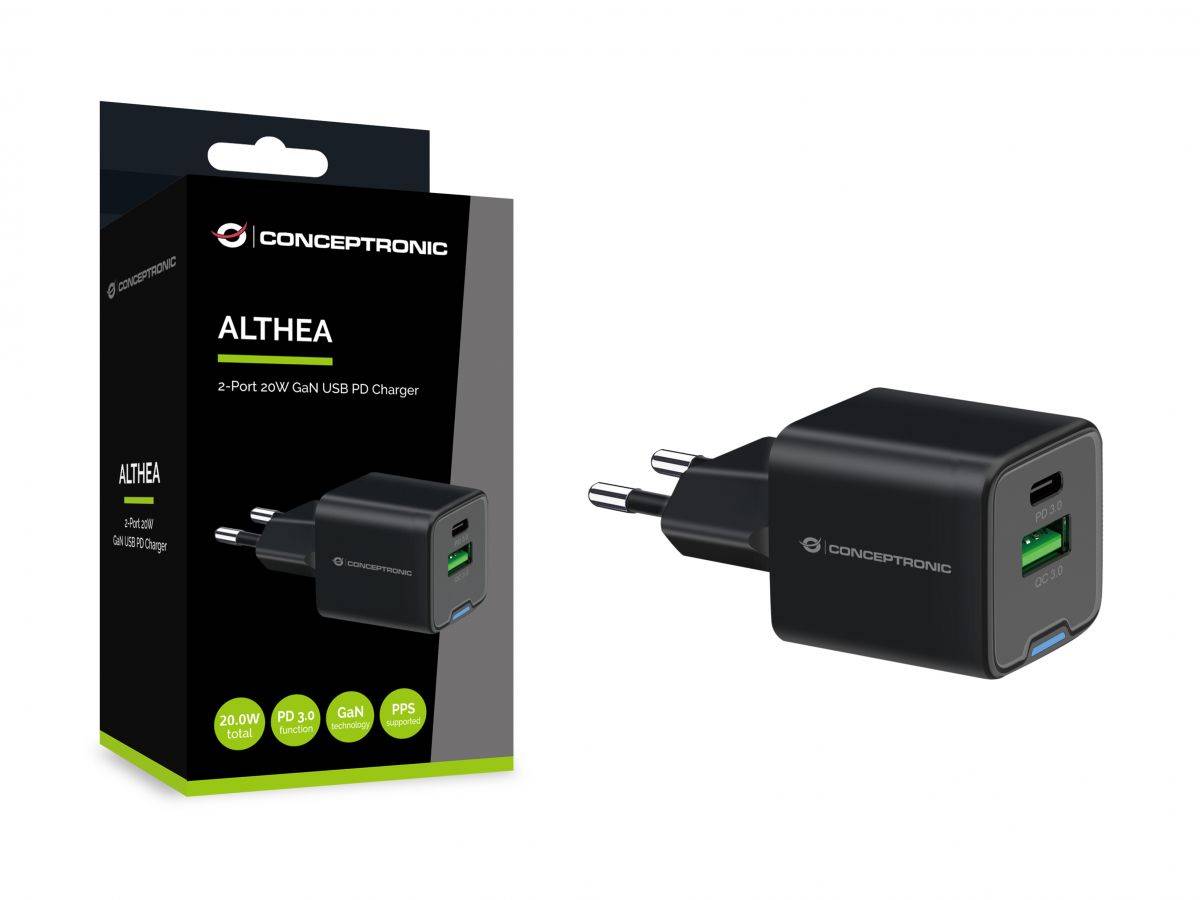 Adapter Conceptronic 2-Port GaN Charger USB-C / USB-A / 20W / PD 3.0 / PPS – Zezë