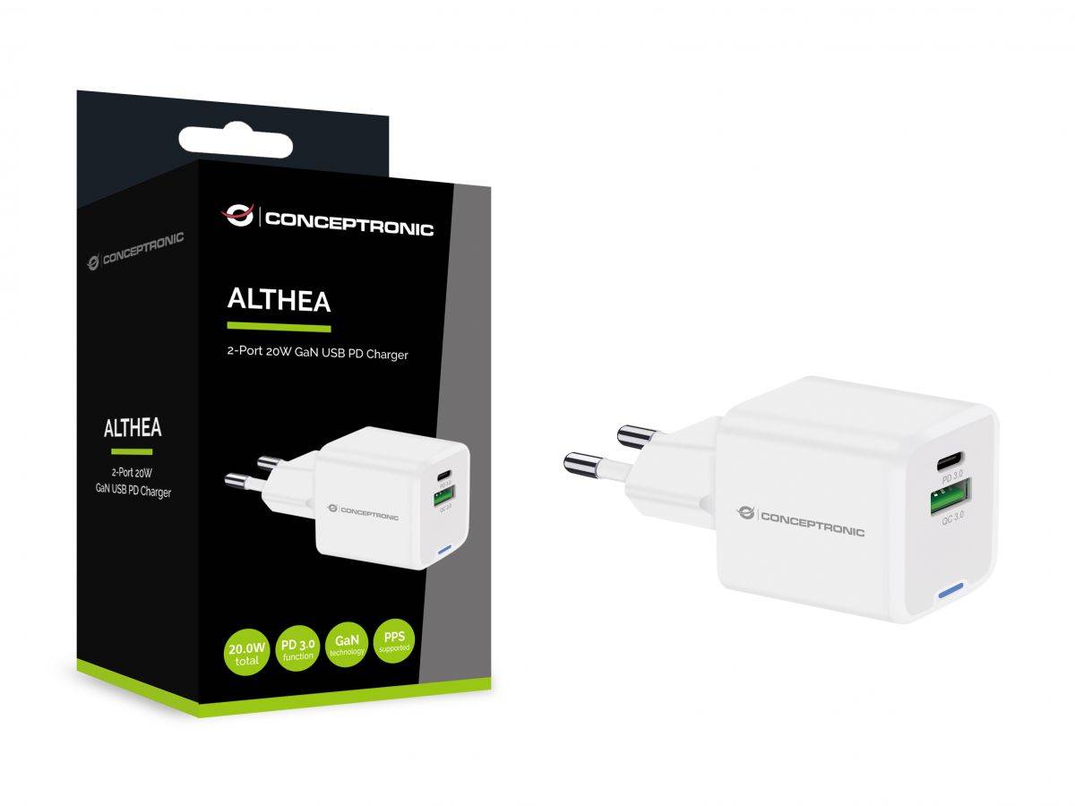 Adapter Conceptronic 2-Port GaN Charger USB-C / USB-A / 20W / PD 3.0 / PPS – Bardhë