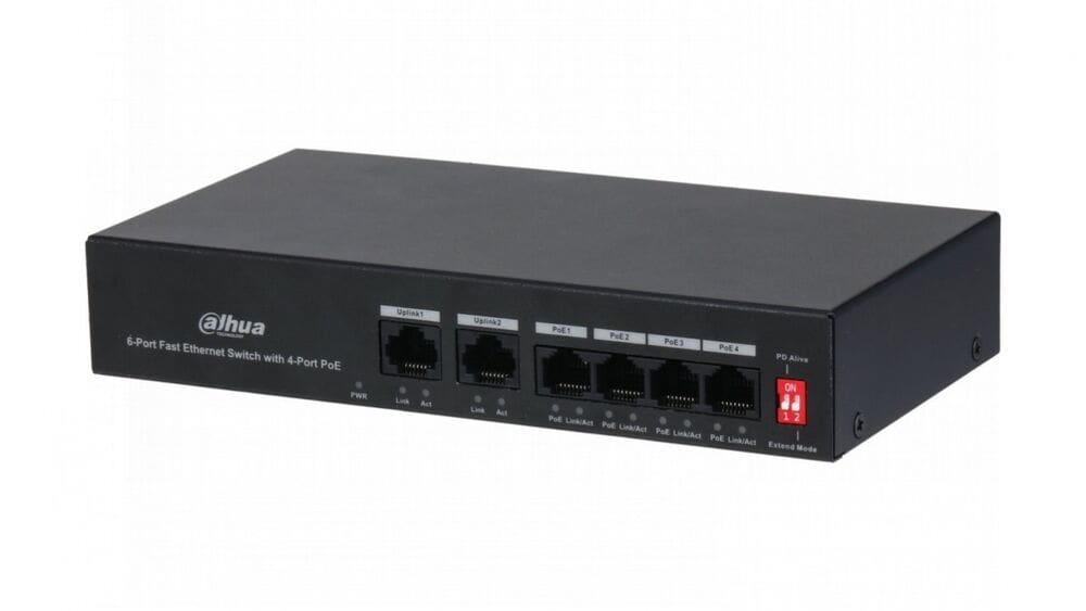 Switch Dahua DH-PFS3006-4ET-36 / 6-Port / 4-Port PoE / Megabit / Fast Ethernet / 4x10/100M PoE PSU porte dhe 2x10/100M uplink porte / I zi