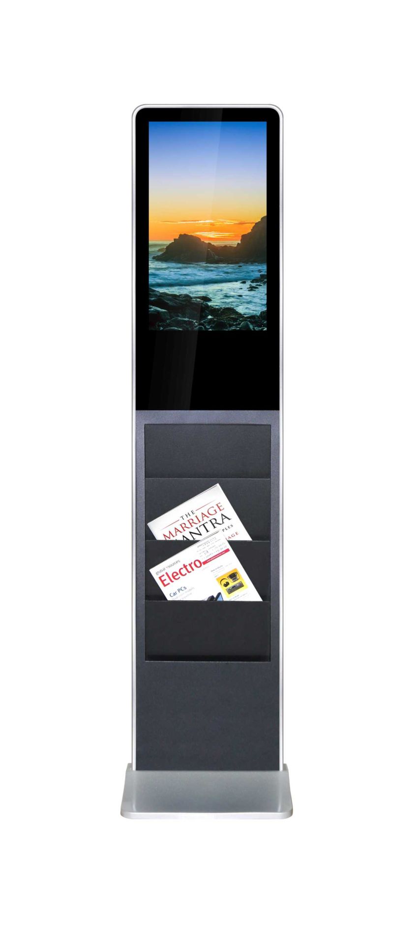 Ekran Interaktiv ALLNET 21" Touch Display Stand with 10 Point Touch / Brochure Holder / PoE / Android – Gri e mbyllur