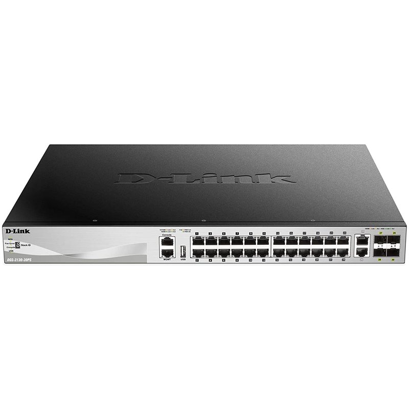 D-Link DGS-3130-30PS/E 30-Port Gigabit L3 Managed PoE+ Stackable Switch with 2x10GBASE-T + 4x10G SFP+ Uplink, 370W PoE Budget
